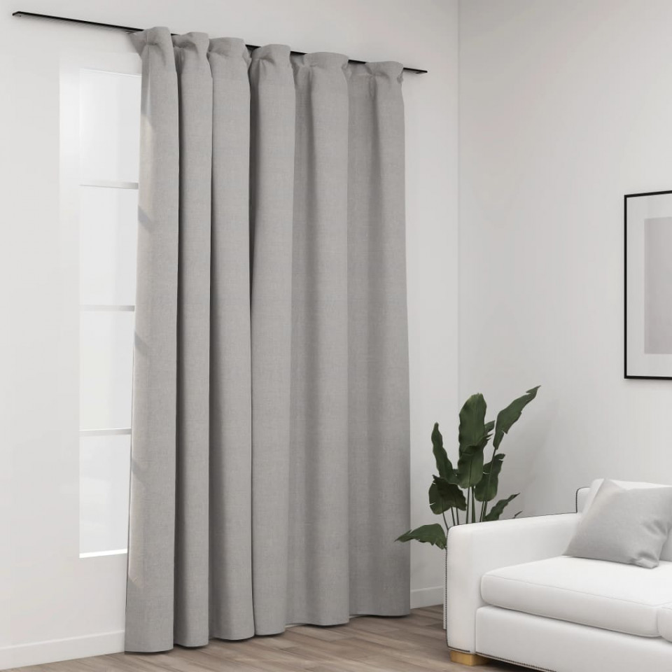 Draperie opacă, aspect de in, gri, 290 x 245 cm, cu cârlige