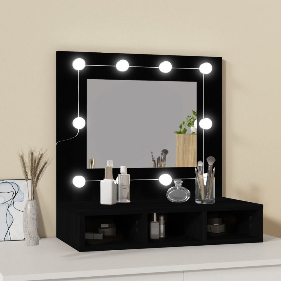 Dulap cu oglindă și LED, negru, 60x31,5x62 cm