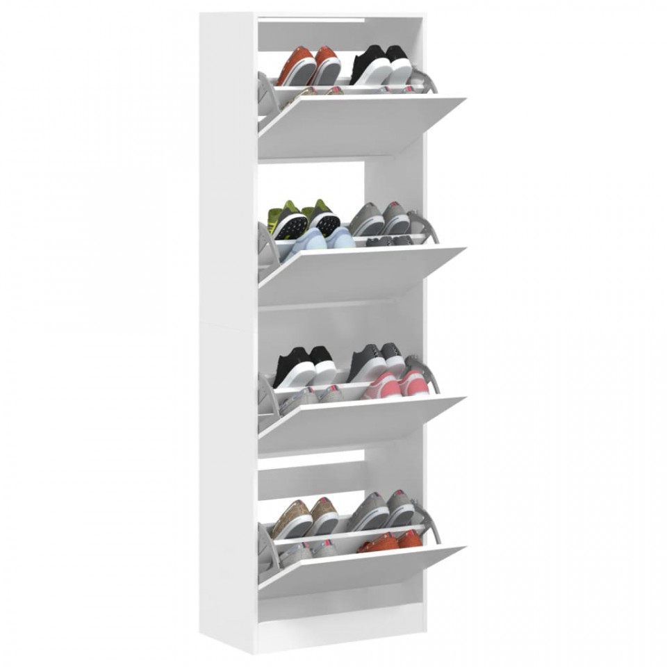 Dulap de pantofi cu 4 sertare rabatabile, alb, 60x34x187,5 cm