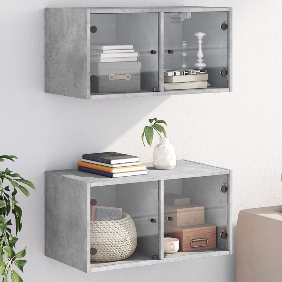 Dulapuri de perete cu uși sticlă 2 buc. gri beton 68,5x37x35 cm