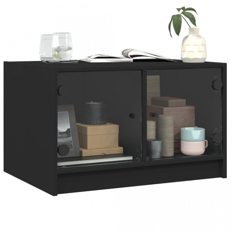 Măsuță de cafea cu uși din sticlă, negru, 68x50x42 cm