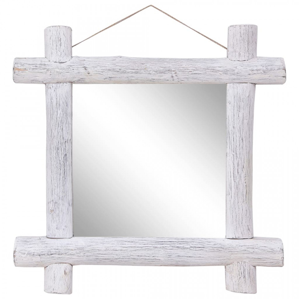 Oglindă cu ramă din bușteni, alb, 70×70 cm, lemn masiv reciclat Casa Practica
