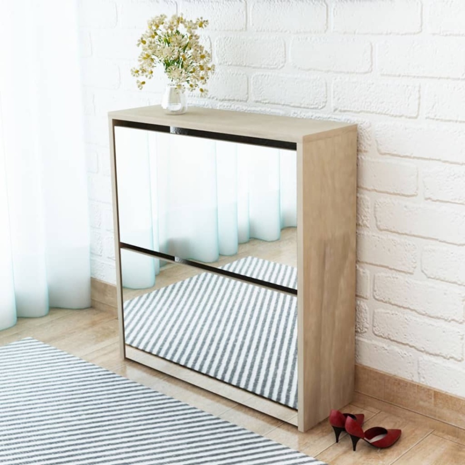 Pantofar cu oglindă 2 niveluri, culoare stejar, 63 x 17 x 67 cm