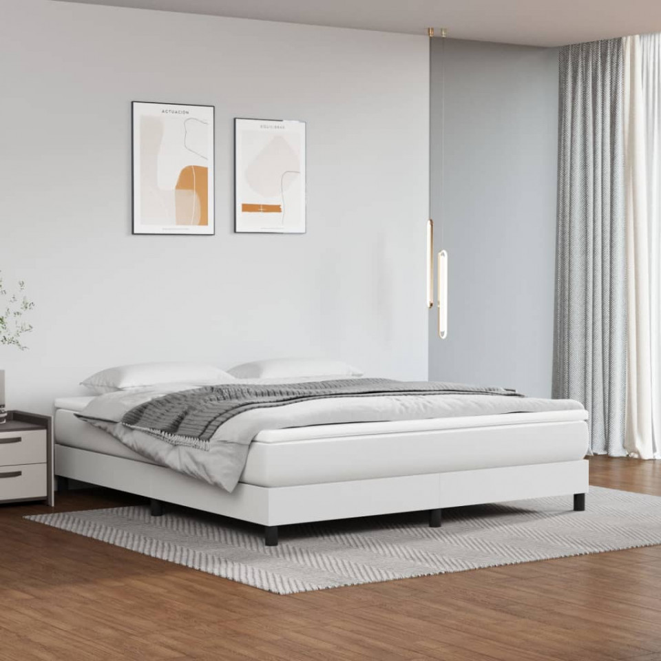 Pat box spring cu saltea, alb, 180x200 cm, piele ecologică