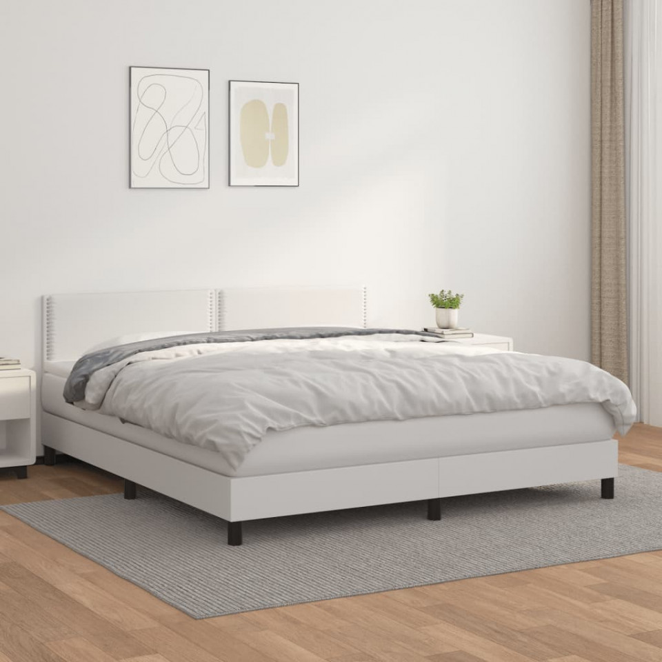 Pat box spring cu saltea, alb, 180x200 cm, piele ecologică