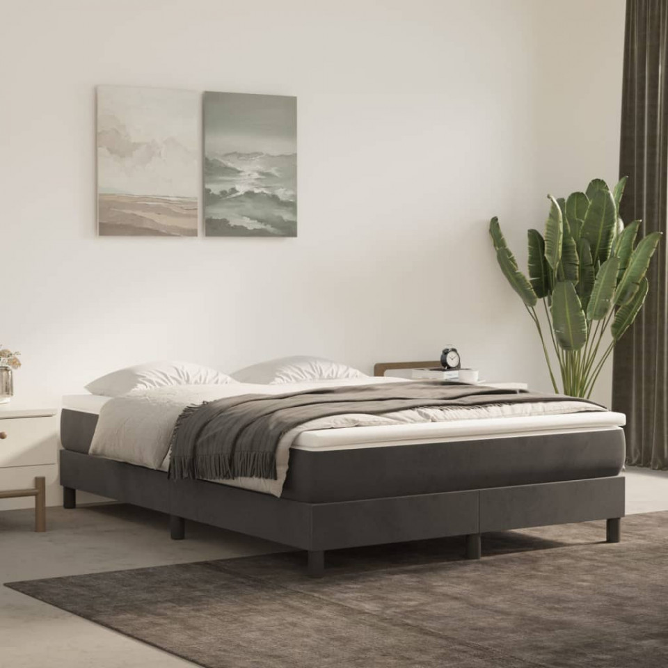 Pat box spring cu saltea, gri închis, 140x200 cm, catifea