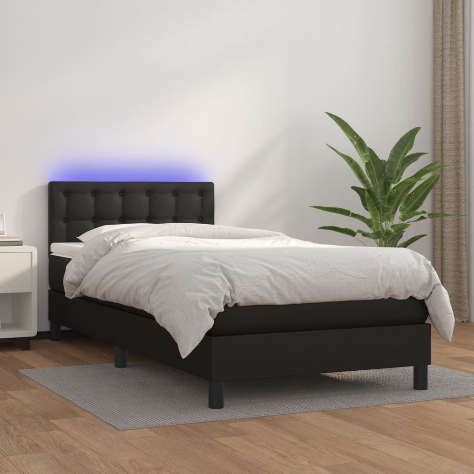 Pat cu arcuri, saltea și led, negru, 90x200 cm, piele ecologică