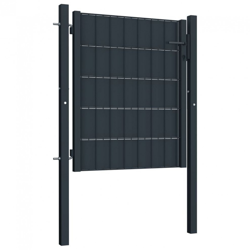 Poartă de gard, antracit, 100×101 cm, PVC și oțel 100x101