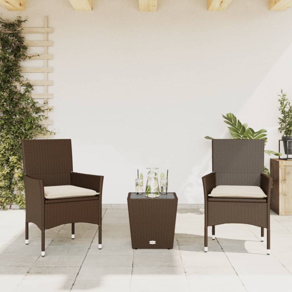 Set bistro cu perne, 3 piese, maro, poliratan și sticlă