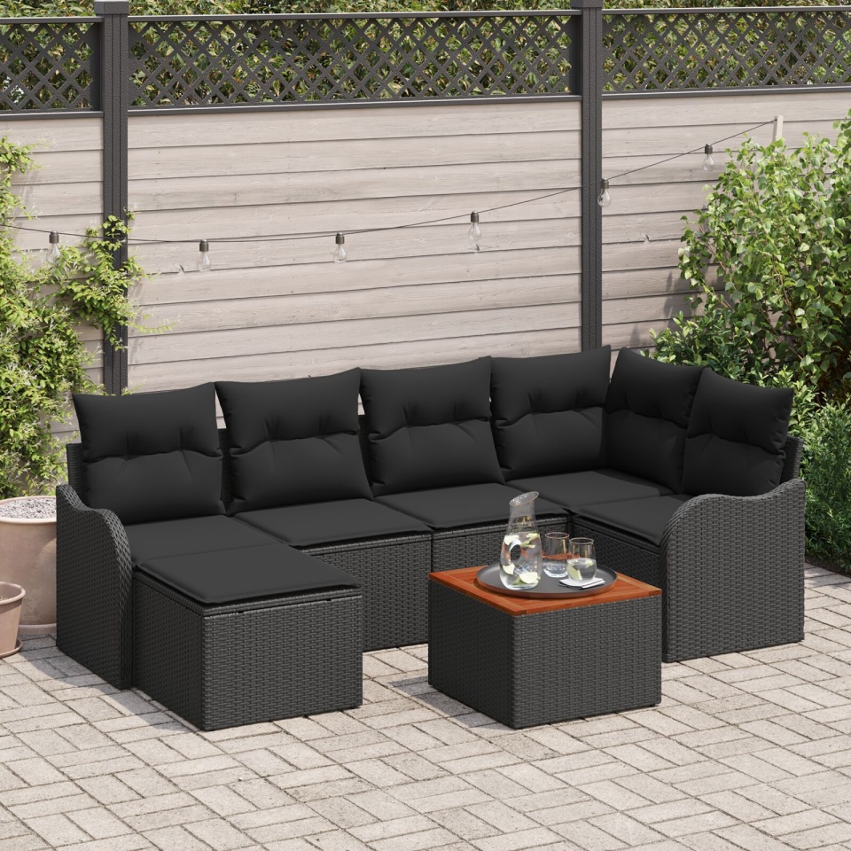 Set de canapea de grădină cu 7 piese, cu perne, poly rattan negru, acacia, Canapea de grădină cu două locuri cu depozitare și perne, negru, poly