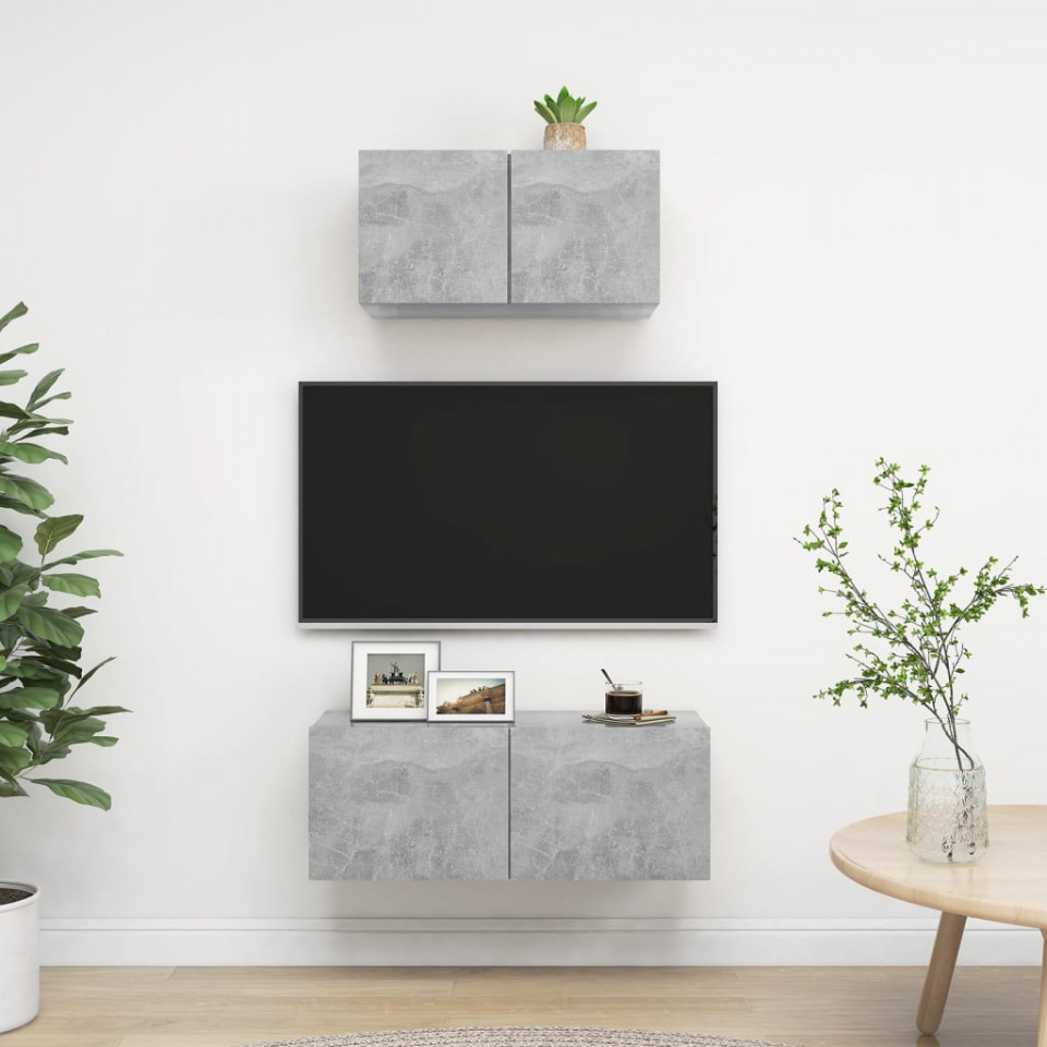 Set de dulapuri TV, 2 piese, gri beton, lemn prelucrat