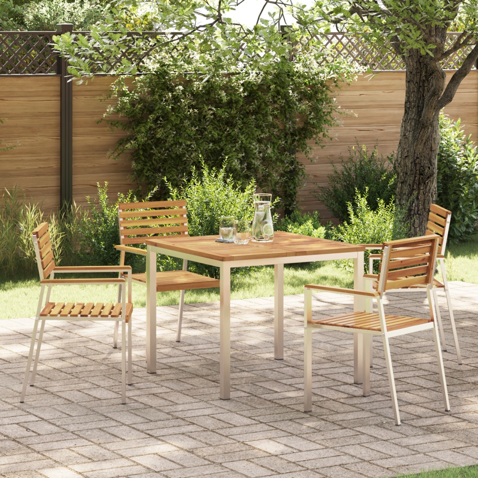 Set de mese pentru grădină cu 5 piese din lemn masiv de acacia, Masă de mese în aer liber 90x90x74.5 cm din lemn masiv de acacia, Scaune de grădină