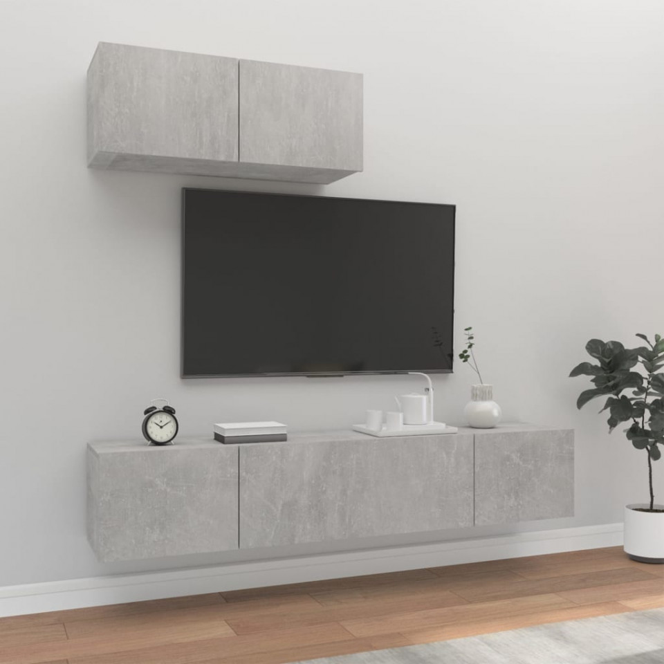 Set dulapuri tv, 3 piese, gri beton, lemn prelucrat
