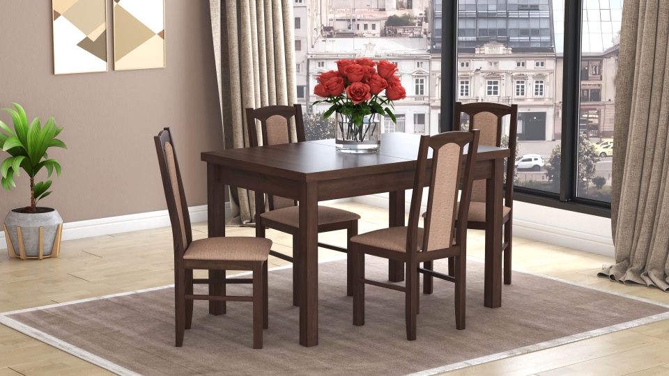 Set masa extensibila 120x150cm cu 4 scaune tapitate, mb-13 max5 si s-37 boss7 o15, nuc, lemn masiv de fag, stofa