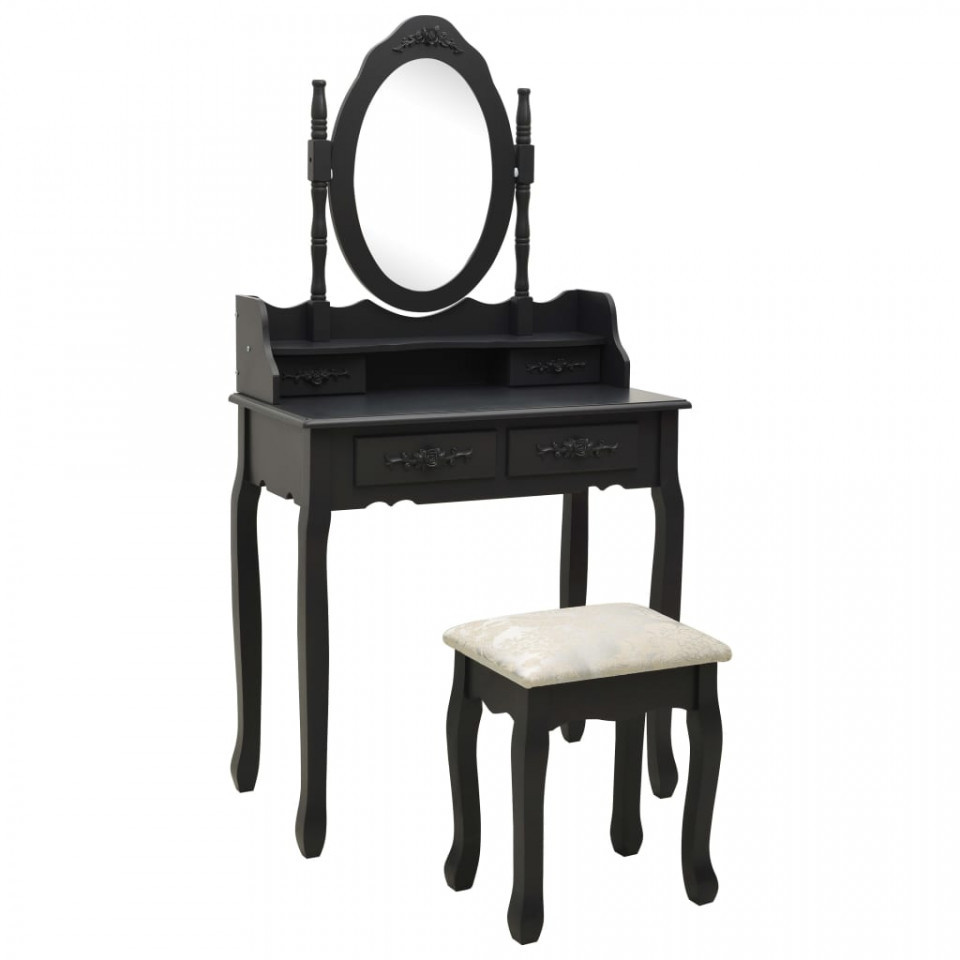 Set masă toaletă cu taburet negru 75x69x140 cm lemn paulownia 75x69x140