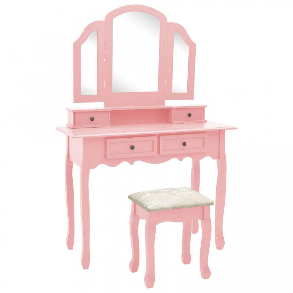 Set masă toaletă cu taburet roz 100x40x146 cm lemn paulownia 100x40x146