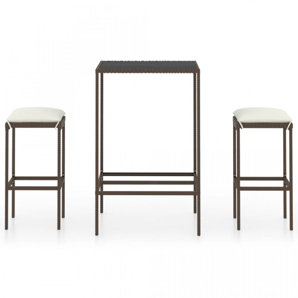 Set mobilier bar de grădină, cu perne, 3 piese, maro, poliratan