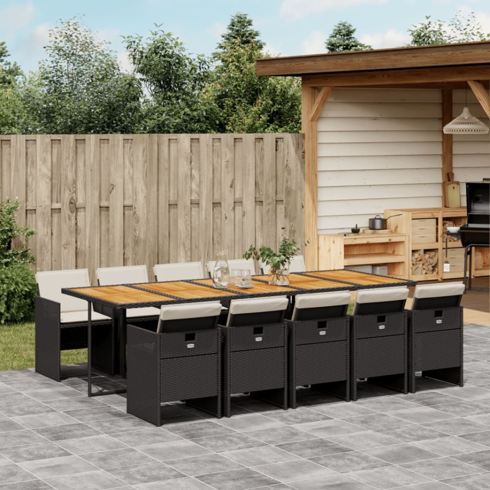 Set mobilier de exterior cu perne, 11 piese, negru, poliratan