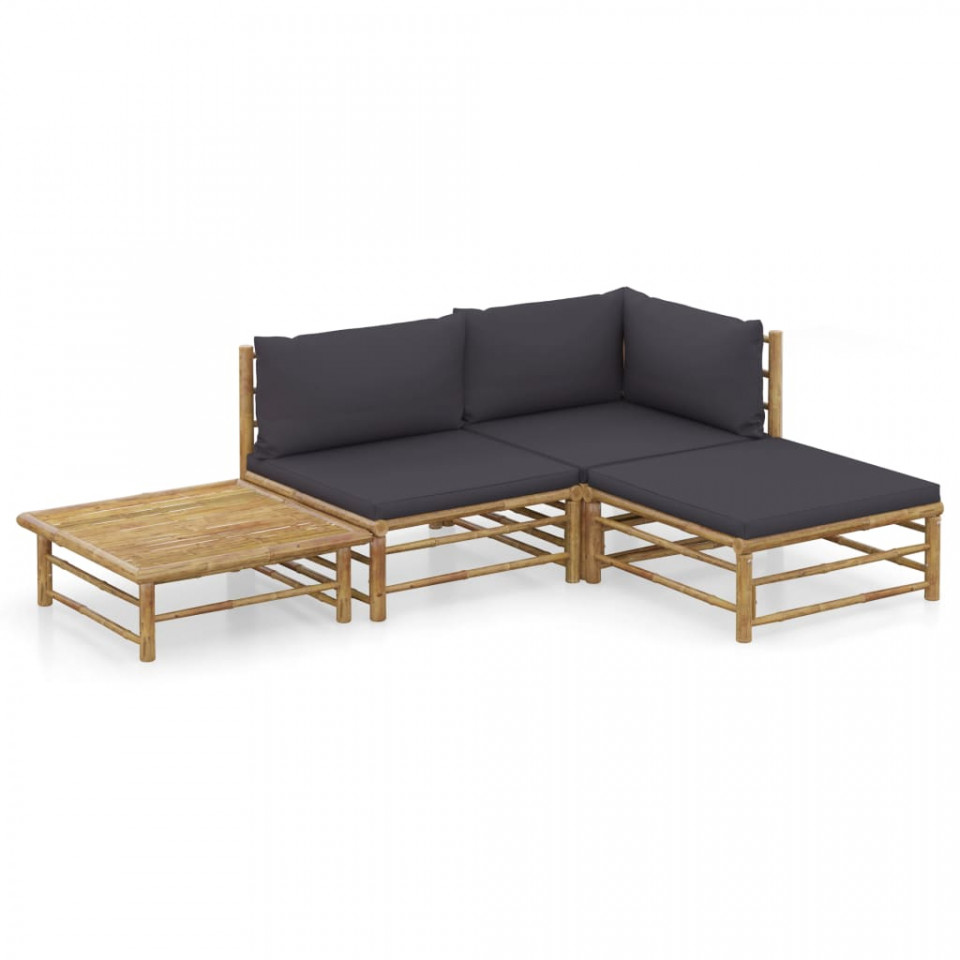 Set mobilier de grădină, 4 piese, perne gri închis, bambus