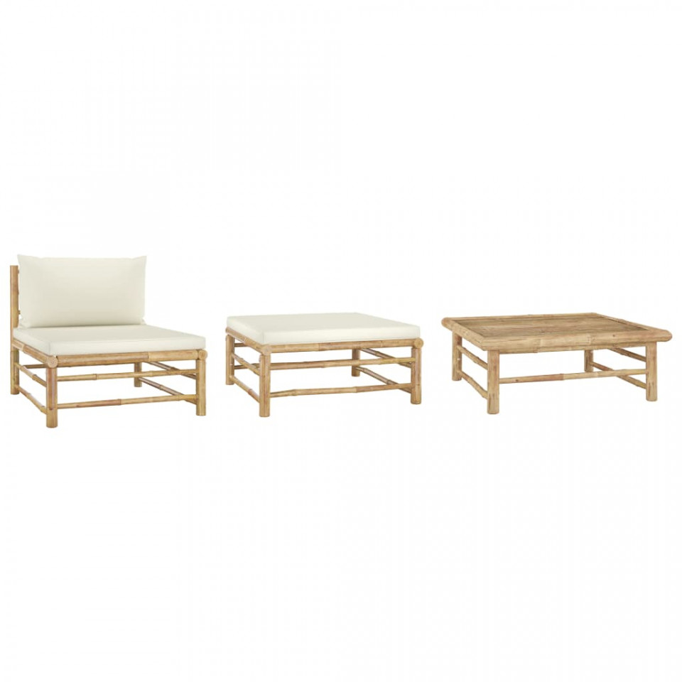 Poza Set mobilier de gradina, cu perne alb crem, 3 piese, bambus