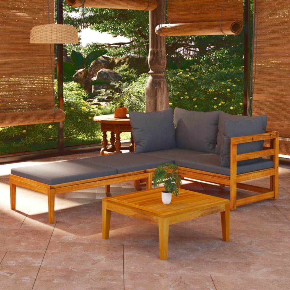 Set mobilier grădină cu perne gri închis, 3 piese, lemn acacia