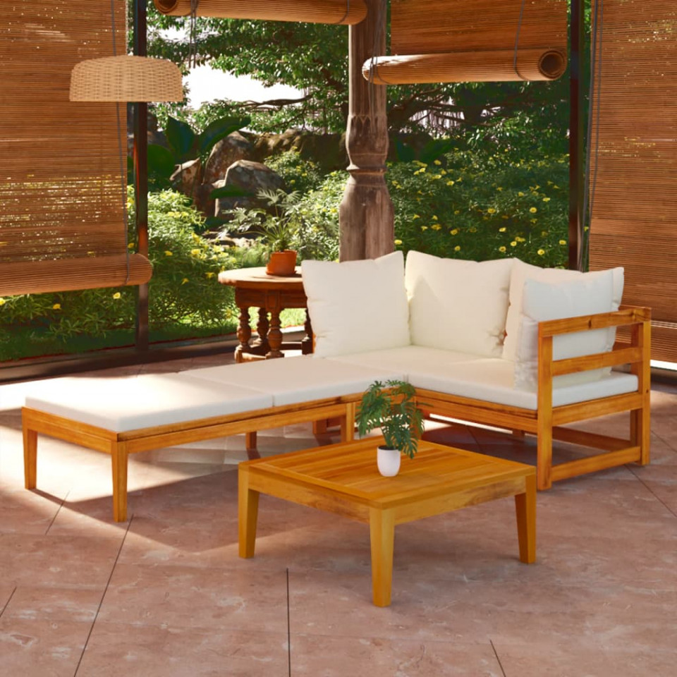 Poza Set mobilier gradina perne alb/crem, 3 piese, lemn masiv acacia