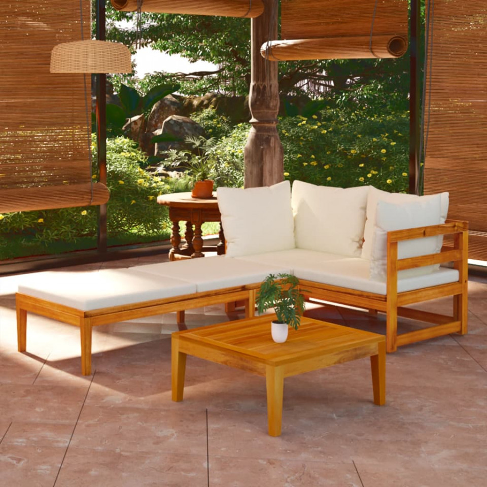 Set mobilier grădină perne alb/crem, 3 piese, lemn masiv acacia