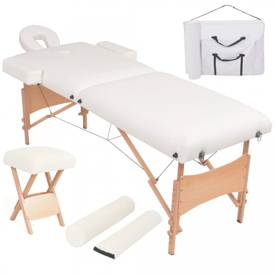 Set taburet și masă masaj pliabilă 2 zone, grosime 10 cm, alb Alb