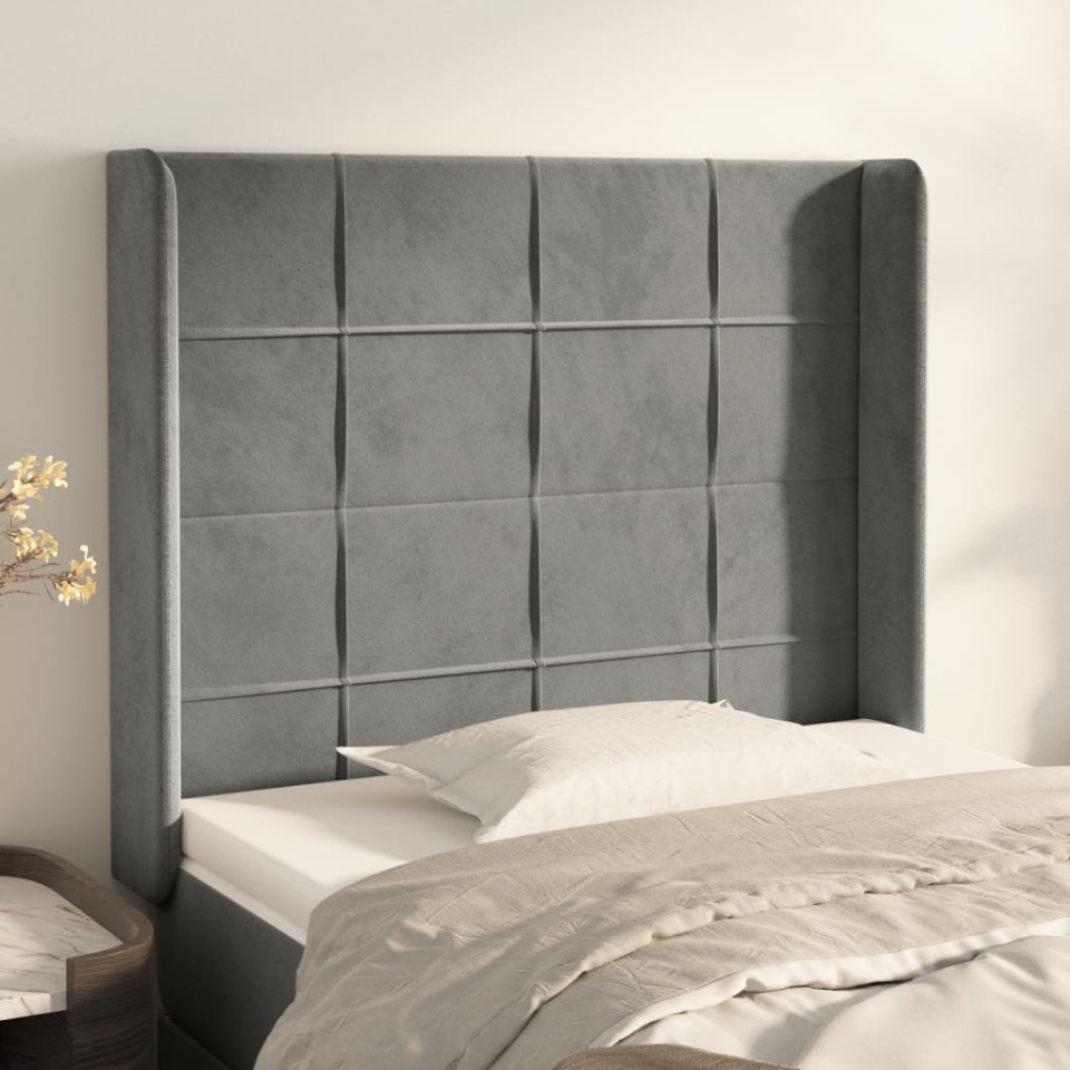 Tăblie de pat cu aripioare gri deschis 103x16x118/128cm catifea