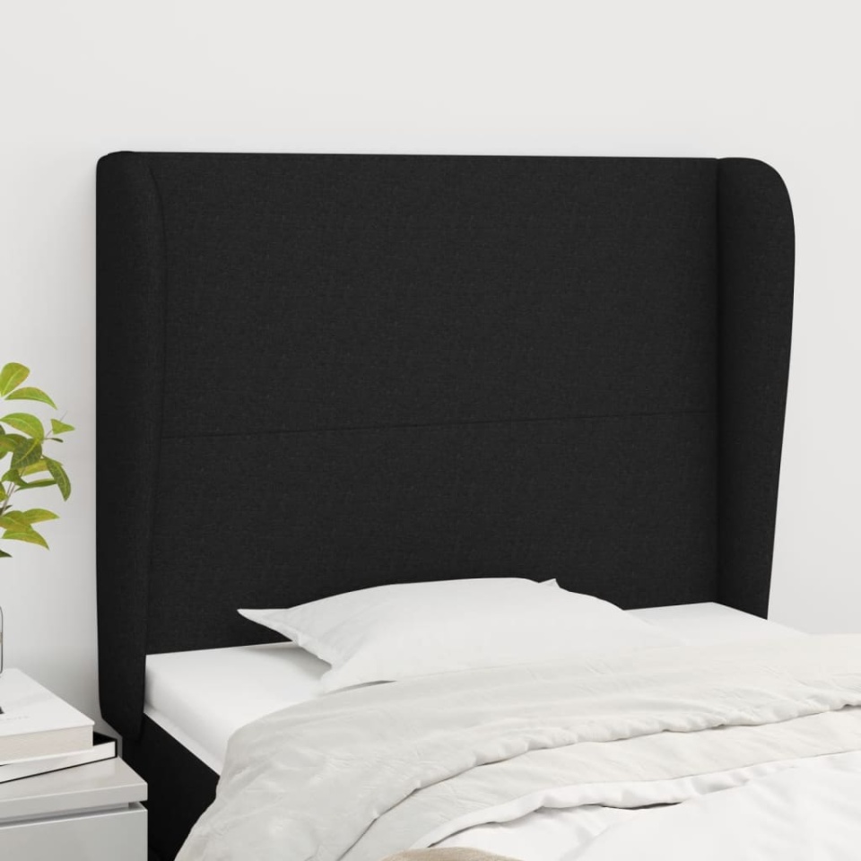 Tăblie de pat cu aripioare, negru, 93x23x118/128 cm, textil