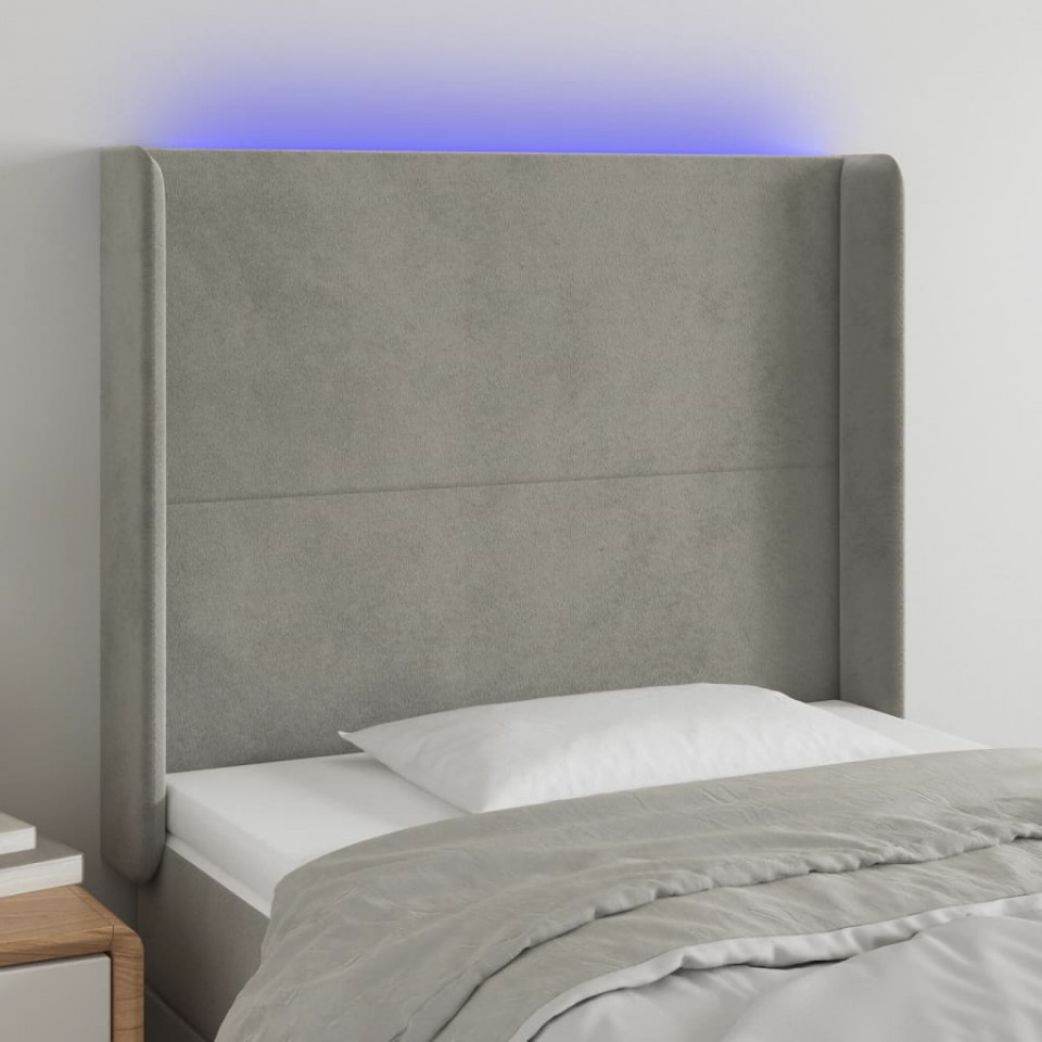 Tăblie de pat cu LED, gri deschis, 103x16x118/128 cm, catifea
