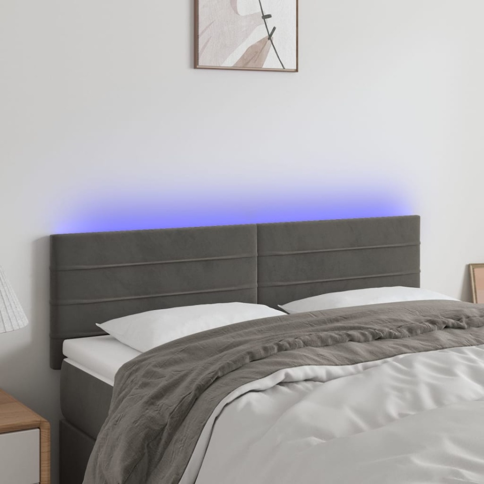 Tăblie de pat cu LED, gri închis, 144x5x78/88 cm, catifea