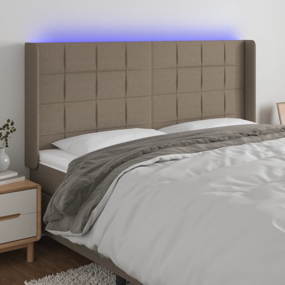 Tăblie de pat cu LED, gri taupe, 183x16x118/128 cm, textil