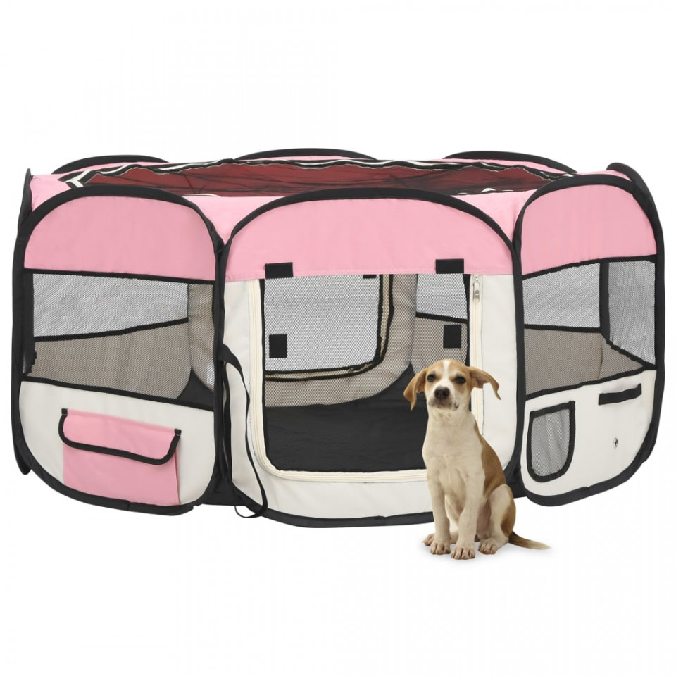 Țarc de câini pliabil cu sac de transport, roz, 145x145x61 cm