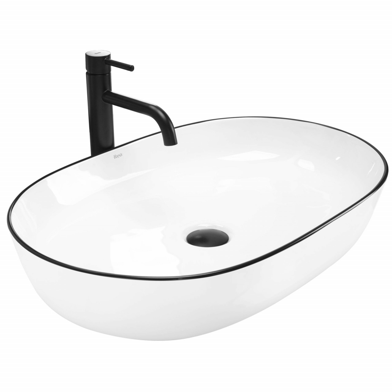 Lavoar pe blat Rea Cleo oval finisaj alb - negru 60 cm