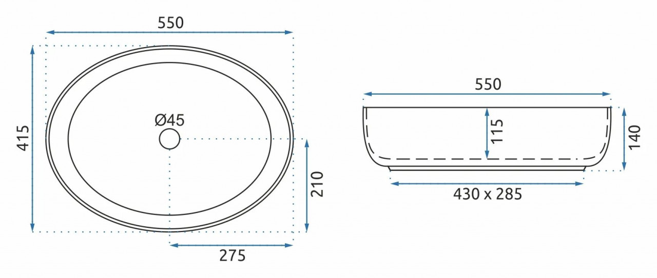 Lavoar pe blat Rea Queen Carrara oval finisaj alb marmura lucios 55 cm