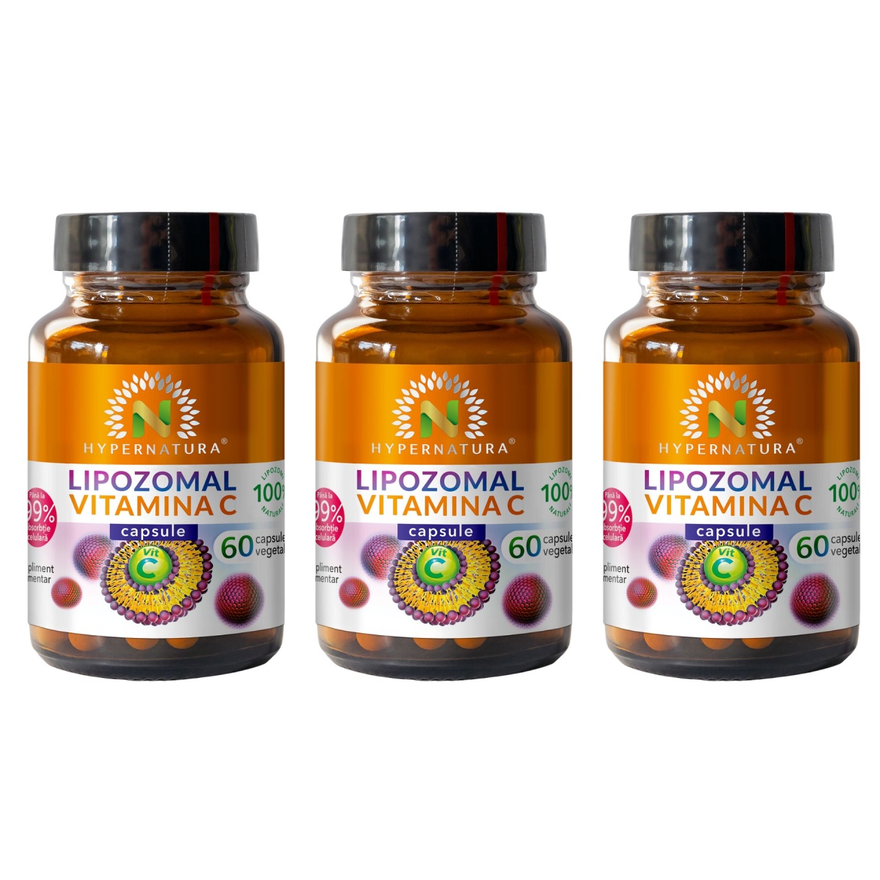 Pachet Lipozomal Vitamina C (3 buc), 60 capsule vegetale, Hypernatura