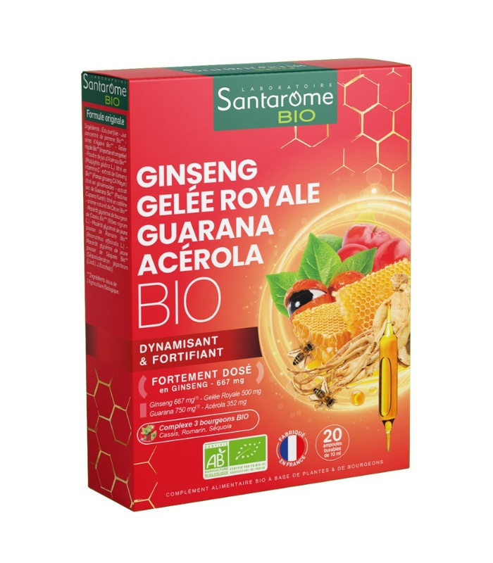 Ginseng, lăptişor de matcă, guarana, acerola Bio, 20 fiole x 10 ml, Santarome