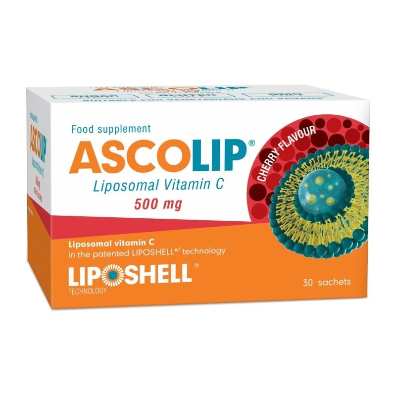 Vitamina C Lipozomala Ascolip cu aroma de cirese, 500 mg, 30 plicuri, Liposhell