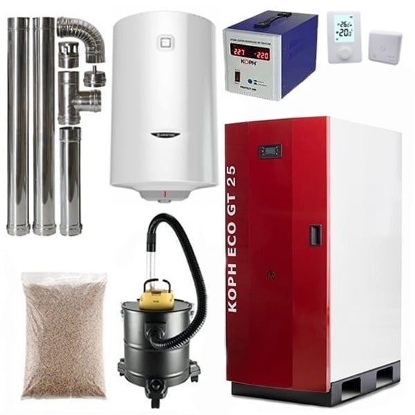 Pachet centrala termica cu peleti KOPH GT 25 kW, pompa de circulatie, vas de expansiune, supapa de siguranta, display electronic, boiler