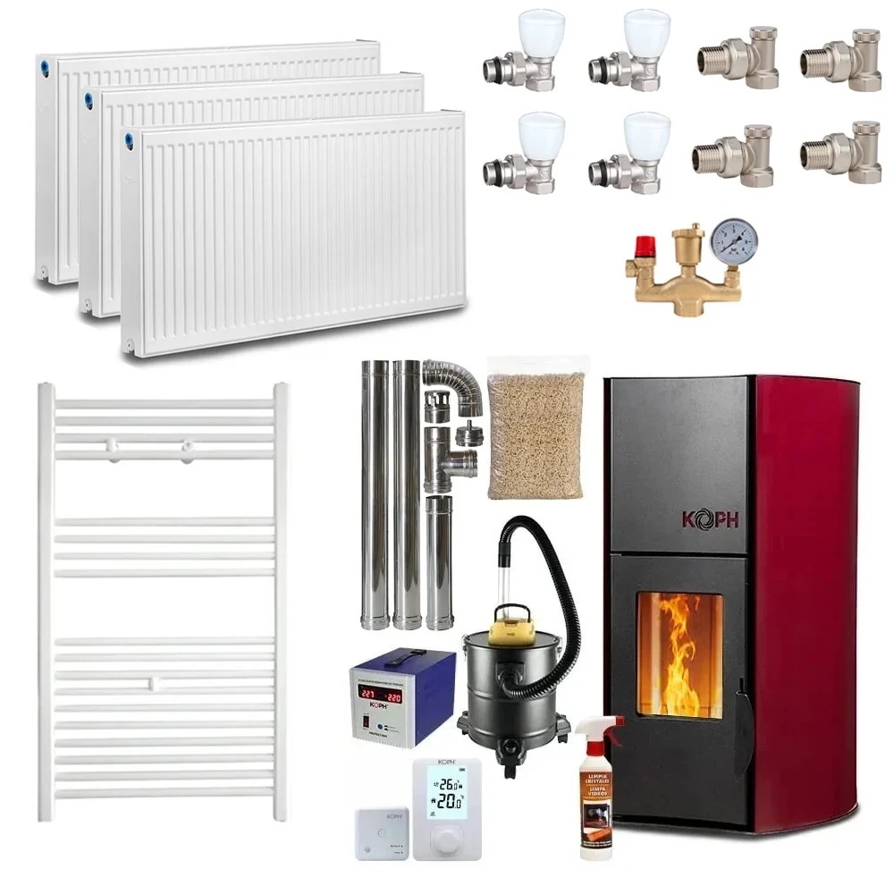 Pachet termosemineu pe peleti KOPH PM 12 kW, 80 mp, buncar peleti 12 kg, diametru cos fum ⌀80 mm, pompa recirculare si vas expansiune incorporate,