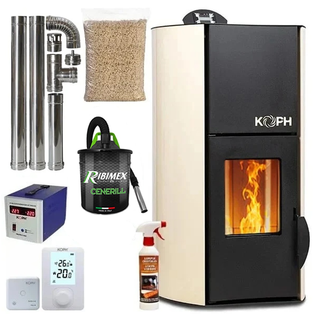 Pachet termosemineu pe peleti KOPH PM 12 kW, 80 mp, buncar peleti 12 kg, diametru cos fum ⌀80 mm, pompa recirculare si vas expansiune incorporate,