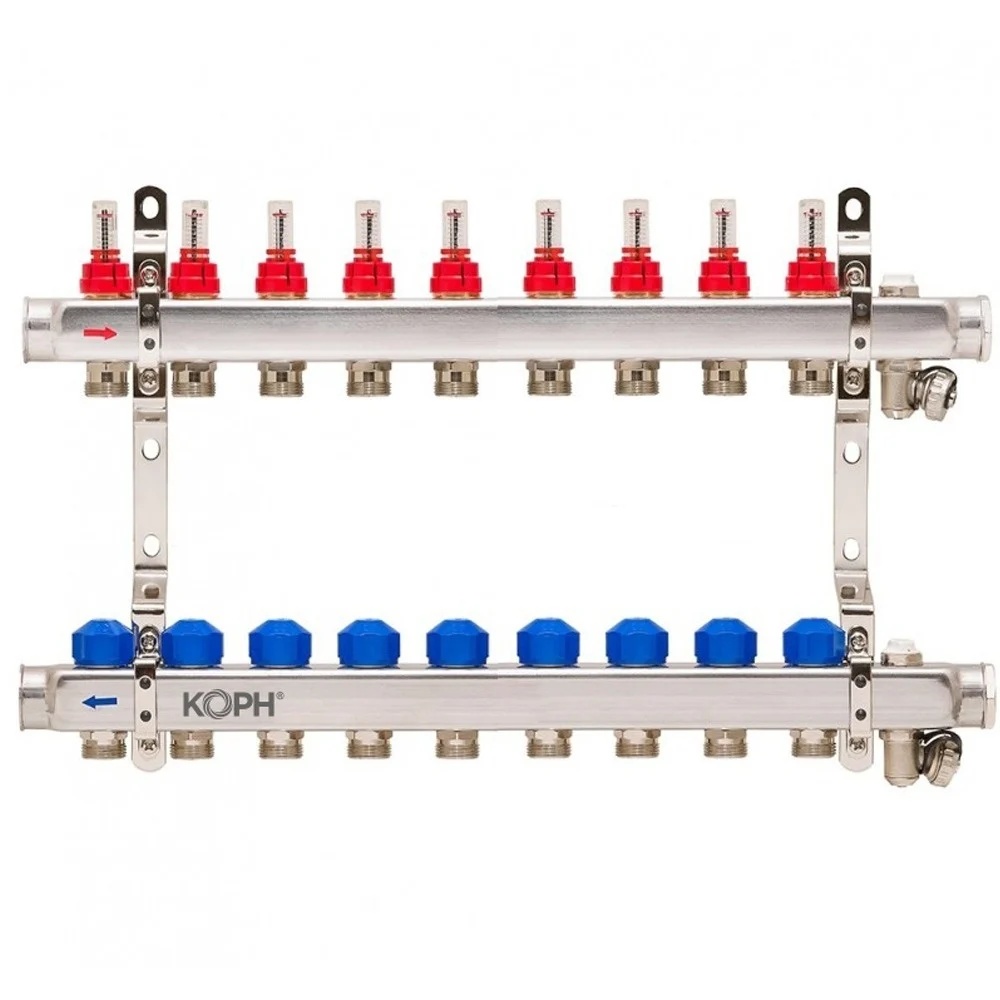 Ansamblu distribuitor pentru incalzire in pardoseala, 9 cai, inox 1", KOPH/Jurgen