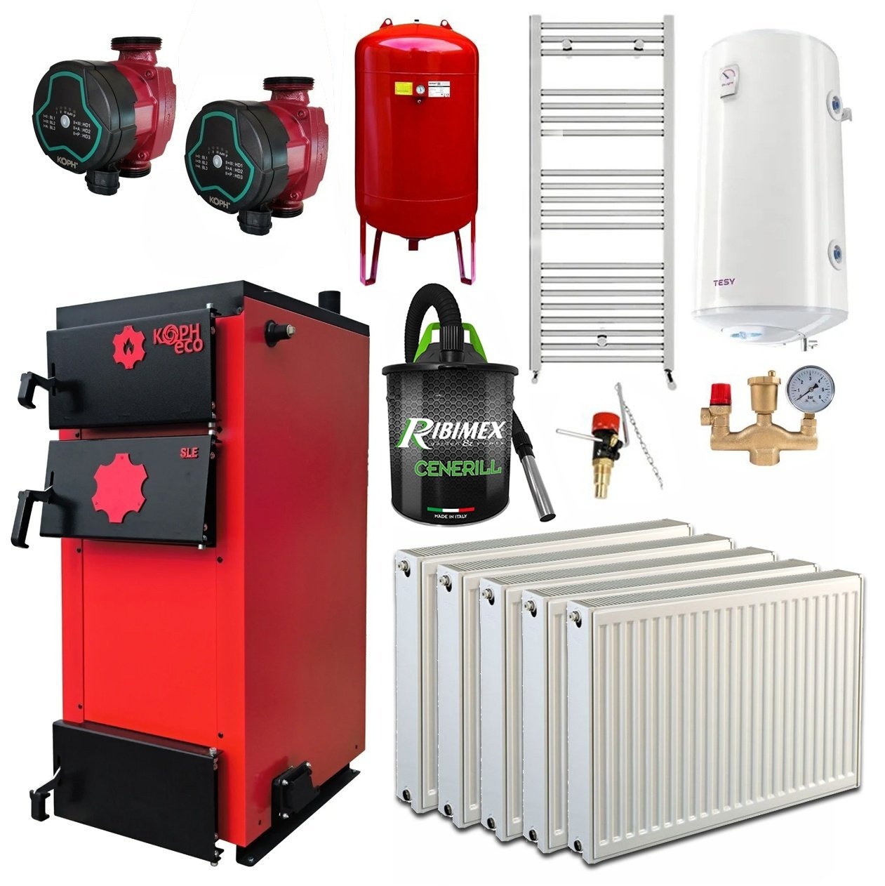 Pachet Centrala/Cazan pe lemn KOPH ECO 40 kW, cu ardere standard, 250 mp, volum manta apa 91 litri, diametru cos fum ⌀179 mm, randament 86%,