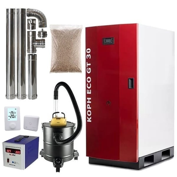 Pachet centrala termica cu peleti KOPH GT 30 kW, pompa de circulatie, vas de expansiune, supapa de siguranta, display electronic