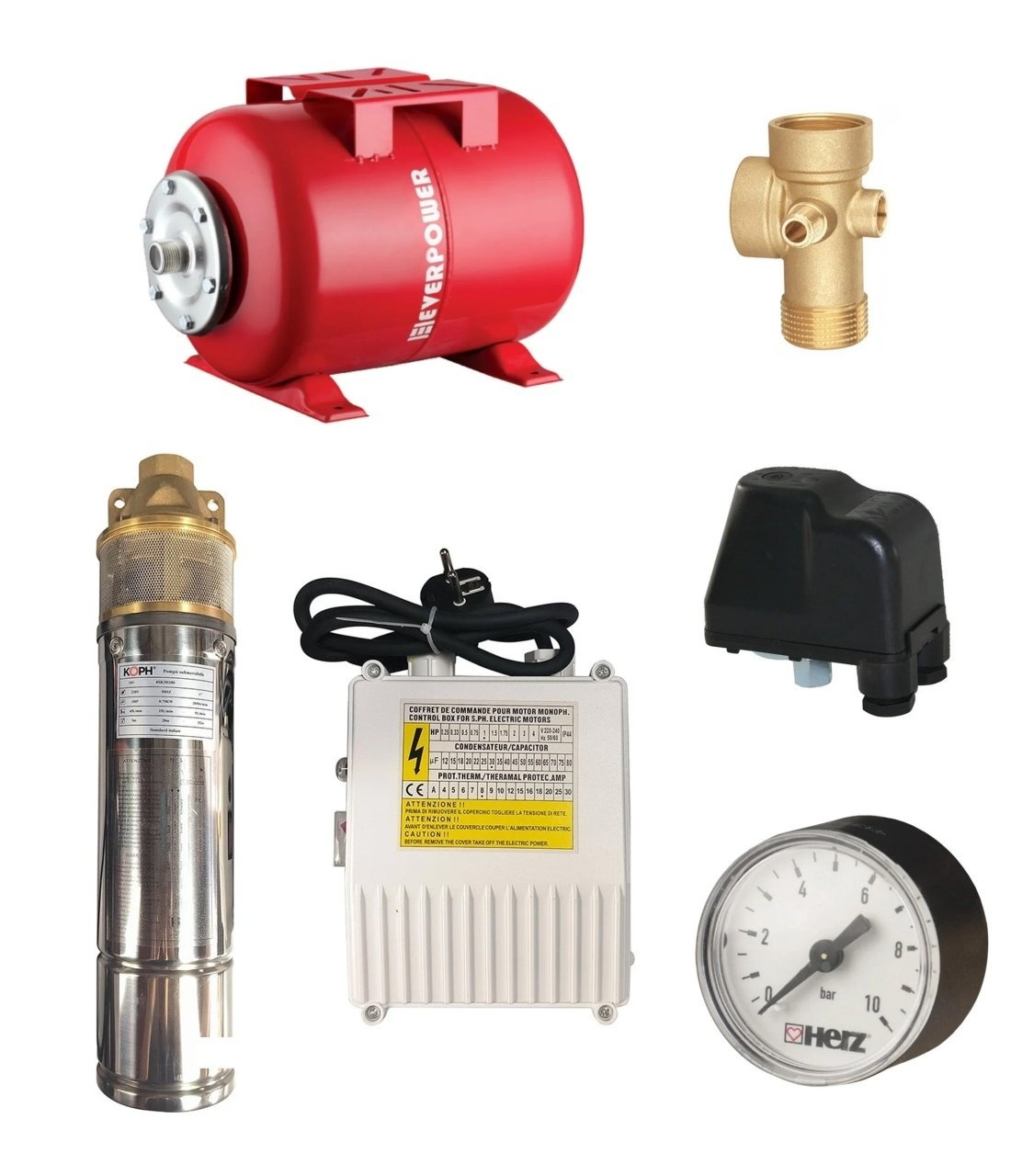Pachet pompa submersibila KOPH 4SKM150, 1100 W, inaltime refulare 100 m, 2850 RPM, bobinaj cupru, cablu 15 m, Vas expansiune, Presostat, Manometru