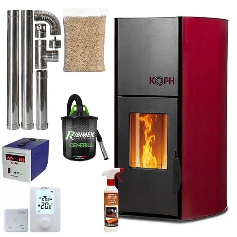 Pachet termosemineu cu peleti KOPH PM 18 kW, 120 mp, buncar 15 kg, diametru cos fum ⌀80 mm, pompa recirculare si vas expansiune incorporate, Bordo