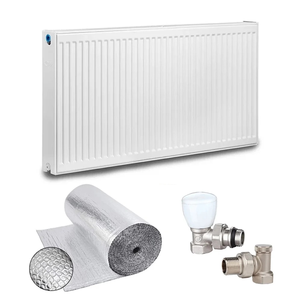 Pachet Calorifer (radiator) din otel KOPH E, tip 22, 600/1600 mm, 3166 W, Robineti tur/retur si Folie termo-reflectorizanta