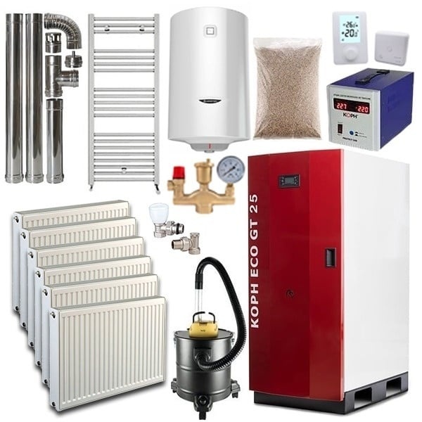 Pachet centrala termica cu peleti KOPH GT 25 kW, pompa de circulatie, vas de expansiune, supapa de siguranta, display electronic, grup siguranta,