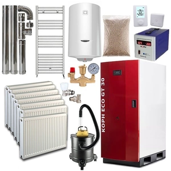 Pachet centrala termica cu peleti KOPH GT 30 kW, pompa de circulatie, vas de expansiune, supapa de siguranta, display electronic, grup siguranta,